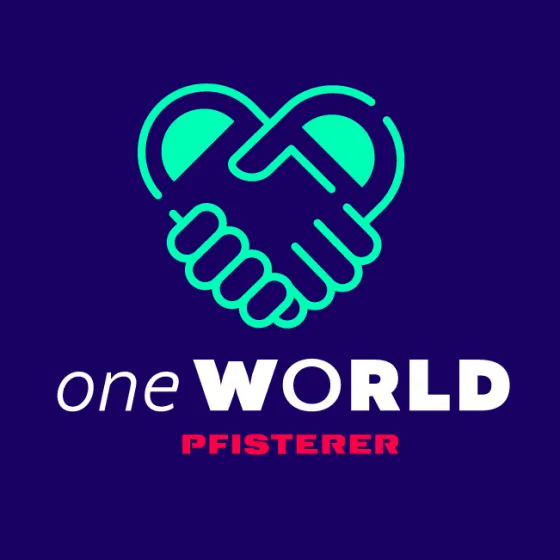Zwei sich reichende Hände bilden das Logo von one WORLD